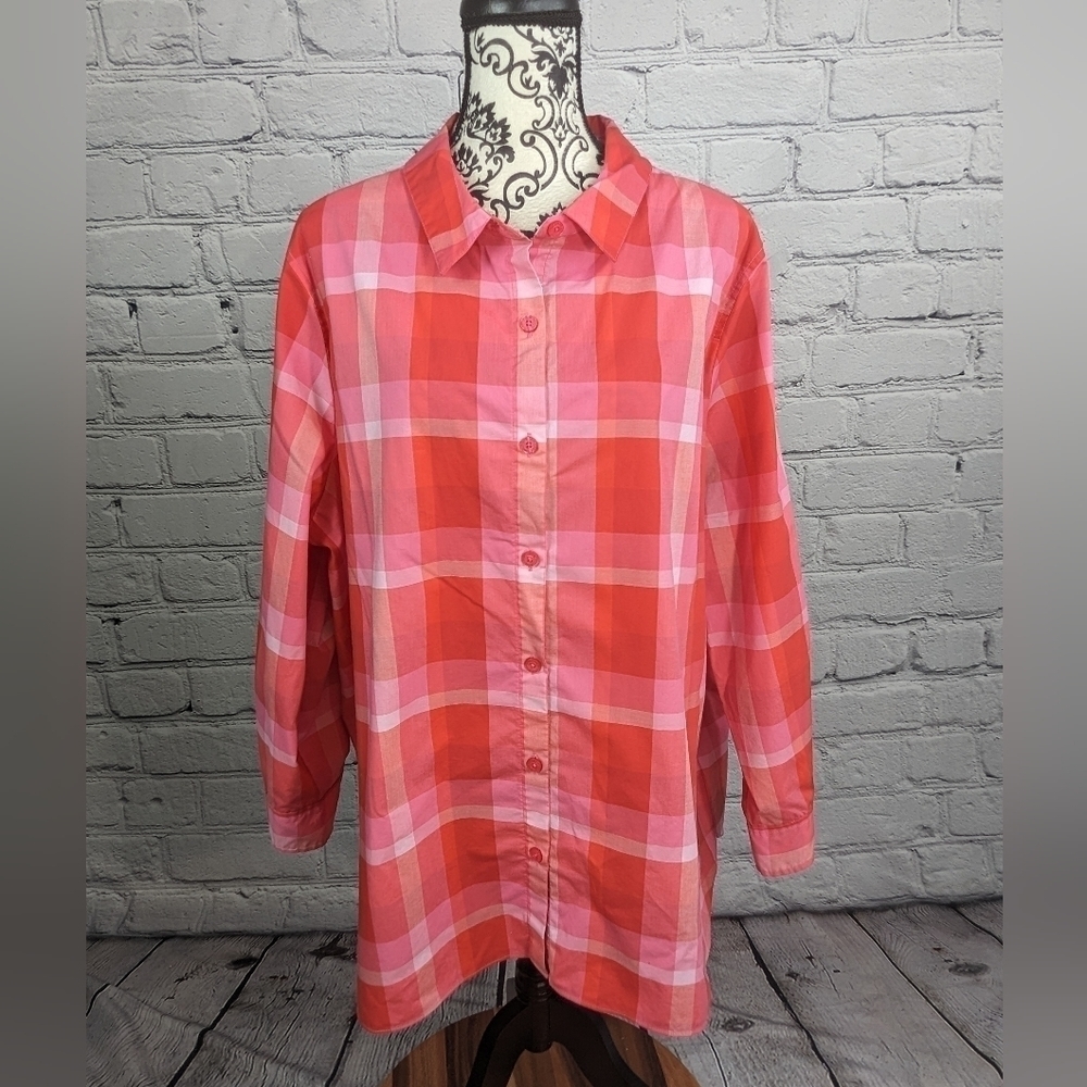 Isaac Mizrahi women's long sleeve plaid print plus size 22w button front top b8